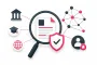 Illustration zur Authority Validation mit Lupe, Dokument und vernetzten Vertrauenssignalen